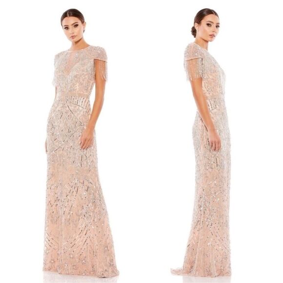 Mac Duggal 4715 Size 14 Embellished Fringe Cap Sleeve Trumpet Gown, Platinum
